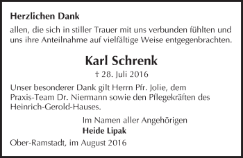 Traueranzeige von Karl Schrenk von Trauerportal Echo Online