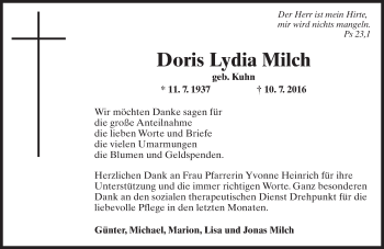 Traueranzeige von Doris Lydia Milch von Trauerportal Rhein Main Presse