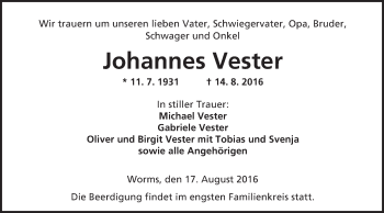 Traueranzeige von Johannes Vester von Trauerportal Rhein Main Presse