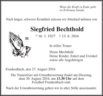 Traueranzeige von Siegfried Bechthold von  Gießener Anzeiger