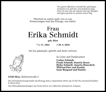 Traueranzeige von Erika Schmidt von Trauerportal Rhein Main Presse