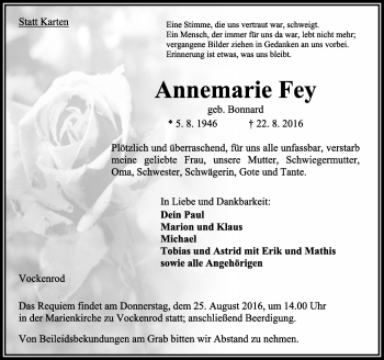 Traueranzeige von Annemarie Fey von VRM Trauer