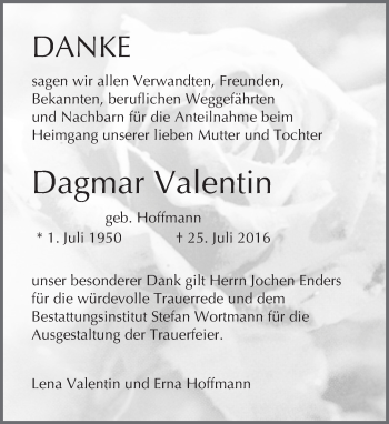 Traueranzeige von Dagmar Valentin von Trauerportal Rhein Main Presse