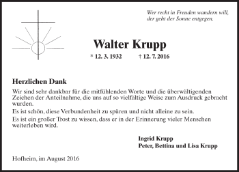 Traueranzeige von Walter Krupp von Trauerportal Rhein Main Presse