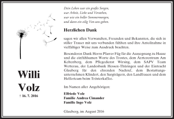 Traueranzeige von Willi Volz von  Sonntags Anzeiger