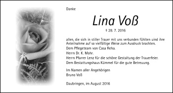 Traueranzeige von Lina Voß von  Gießener Anzeiger