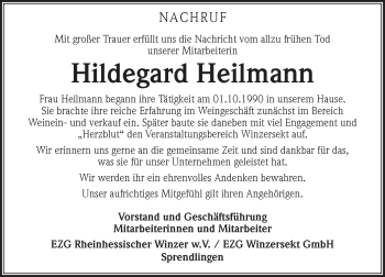Traueranzeige von Hildegard Heilmann von Trauerportal Rhein Main Presse
