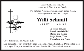 Traueranzeige von Willi Schmitt von  Kreisanzeiger