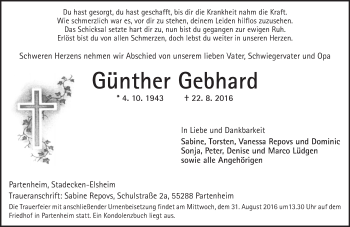 Traueranzeige von Günther Gebhard von Trauerportal Rhein Main Presse