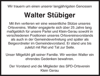 Traueranzeige von Walter Stübiger von Trauerportal Echo Online