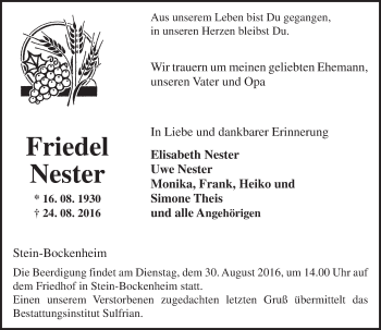 Traueranzeige von Friedel Nester von Trauerportal Rhein Main Presse