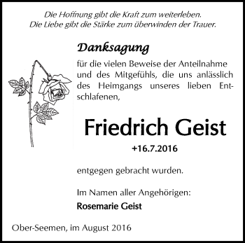Traueranzeige von Friedrich Geist von  Kreisanzeiger