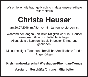 Traueranzeige von Christa Heuser von Trauerportal Rhein Main Presse