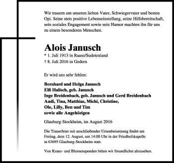 Traueranzeige von Alois Janusch von  Kreisanzeiger