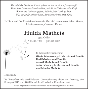 Traueranzeige von Hulda Matheis von Trauerportal Rhein Main Presse