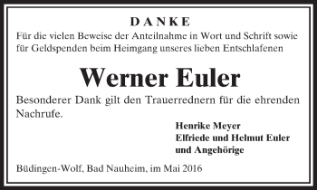Traueranzeige von Werner Euler von  Kreisanzeiger