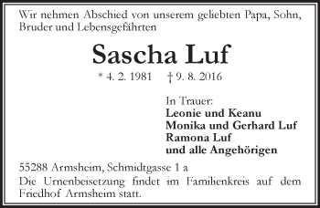 Traueranzeige von Sascha Luf von Trauerportal Rhein Main Presse
