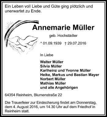 Traueranzeige von Annemarie Müller von Trauerportal Echo Online