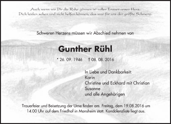 Traueranzeige von Gunther Rühl von Trauerportal Rhein Main Presse