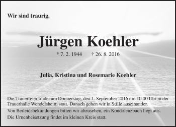 Traueranzeige von Jürgen Koehler von Trauerportal Rhein Main Presse