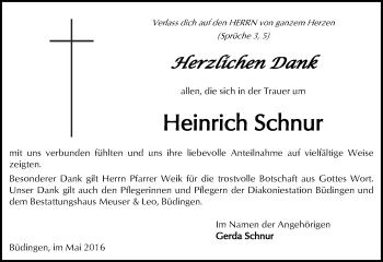 Traueranzeige von Heinrich Schnur von  Kreisanzeiger