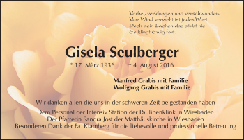 Traueranzeige von Gisela Seulberger von Trauerportal Rhein Main Presse