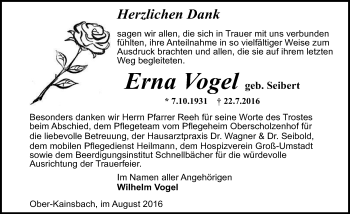 Traueranzeige von Erna Vogel von Trauerportal Echo Online