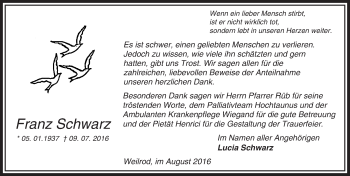 Traueranzeige von Franz Schwarz von  Usinger Anzeiger