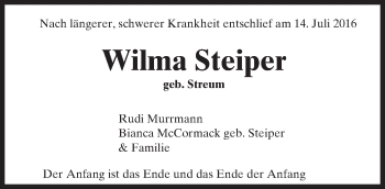 Traueranzeige von Wilma Steiper von  Kreisanzeiger
