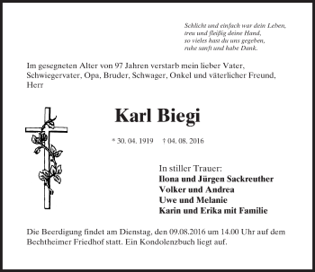 Traueranzeige von Karl Biegi von Trauerportal Rhein Main Presse