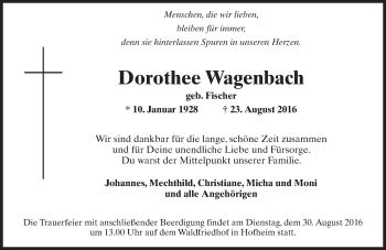 Traueranzeige von Dorothee Wagenbach von Trauerportal Rhein Main Presse