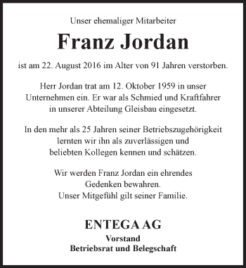 Traueranzeige von Franz Jordan von Trauerportal Echo Online