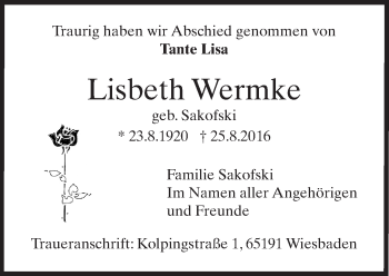Traueranzeige von Lisbeth Wermke von Trauerportal Rhein Main Presse