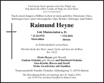 Traueranzeige von Raimund Heyne von Trauerportal Rhein Main Presse