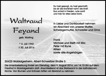 Traueranzeige von Waltraud Feyand von Trauerportal Rhein Main Presse