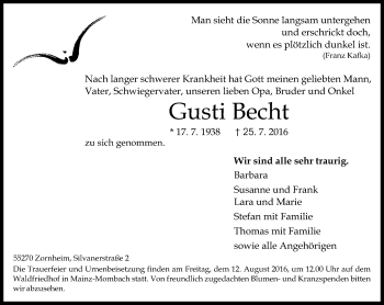 Traueranzeige von Gusti Becht von Trauerportal Rhein Main Presse