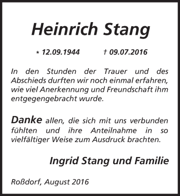 Traueranzeige von Heinrich Stang von Trauerportal Echo Online
