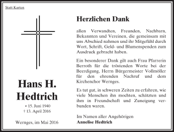 Traueranzeige von Hans H. Hedtrich von VRM Trauer