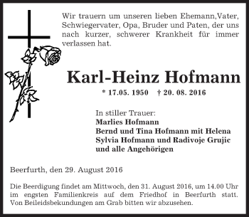 Traueranzeige von Karl-Heinz Hofmann von Trauerportal Rhein Main Presse
