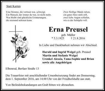 Traueranzeige von Erna Preusel von VRM Trauer