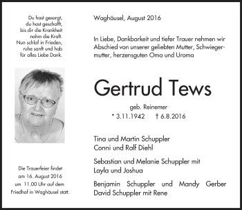 Traueranzeige von Gertrud Tews von Trauerportal Rhein Main Presse