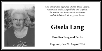 Traueranzeige von Gisela Lang von VRM Trauer