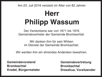 Traueranzeige von Philipp Wassum von Trauerportal Echo Online