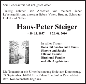 Traueranzeige von Hans-Peter Steiger von Trauerportal Echo Online