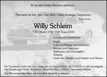 Traueranzeige von Willy Schleim von Trauerportal Rhein Main Presse