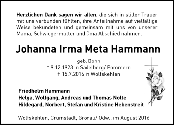 Traueranzeige von Johanna Irma Meta Hammann von Trauerportal Echo Online