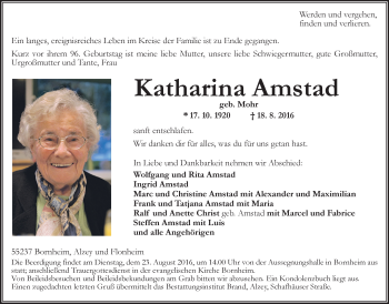 Traueranzeige von Katharina Amstad von Trauerportal Rhein Main Presse