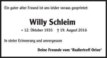 Traueranzeige von Willy Schleim von Trauerportal Rhein Main Presse