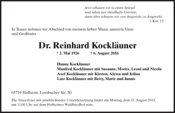 Traueranzeige von Reinhard Kockläuner von Trauerportal Rhein Main Presse