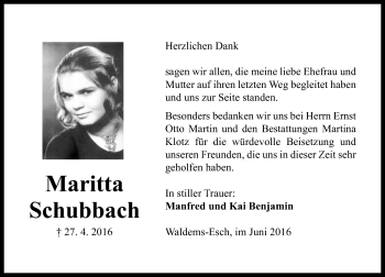 Traueranzeige von Maritta Schubbach von  Camberger Anzeiger